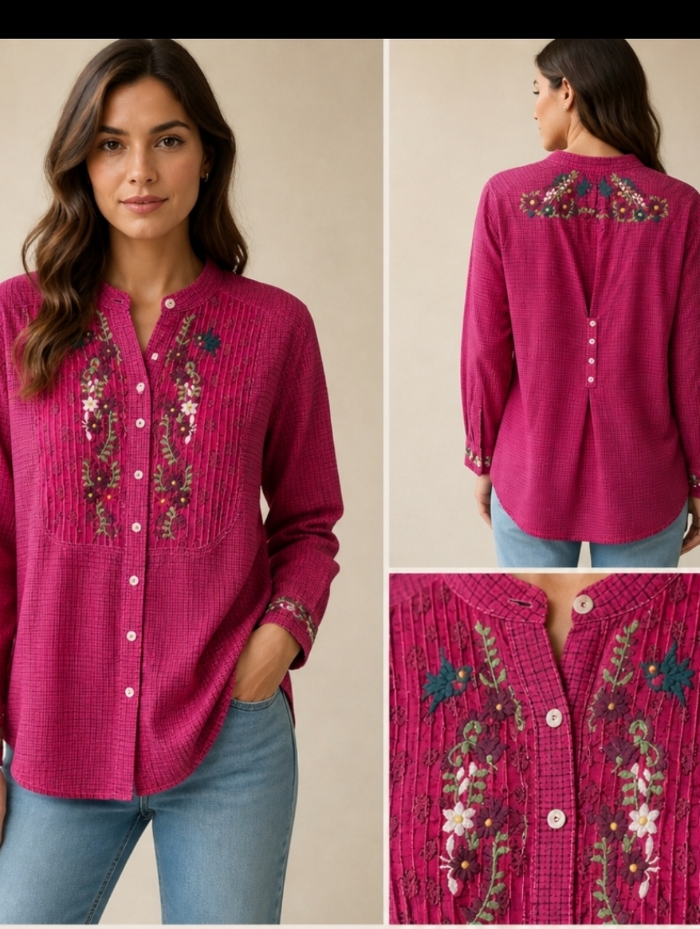 3J Workshop, Johnny Was Line, Fuscia Embroidered Boho Blouse Cotton  M